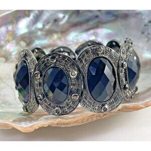 Stretchy Black Pewter Bracelet Women's 8.5 inch With Stones Costume Jewelry